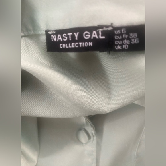 Nasty Gal Satin Ruffle Pajama Set Mint Green Button-Up Top & Shorts - Picture 8 of 11